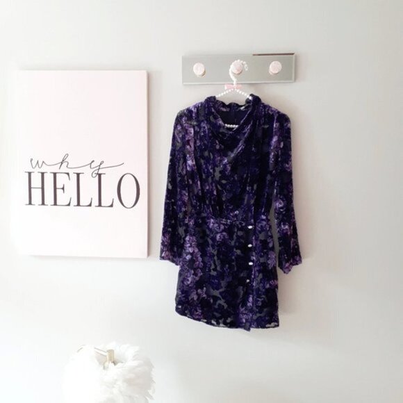 NWOT Zara purple & black velvet-like trim floral peek-a-boo sheer mini dress, S - Picture 10 of 14